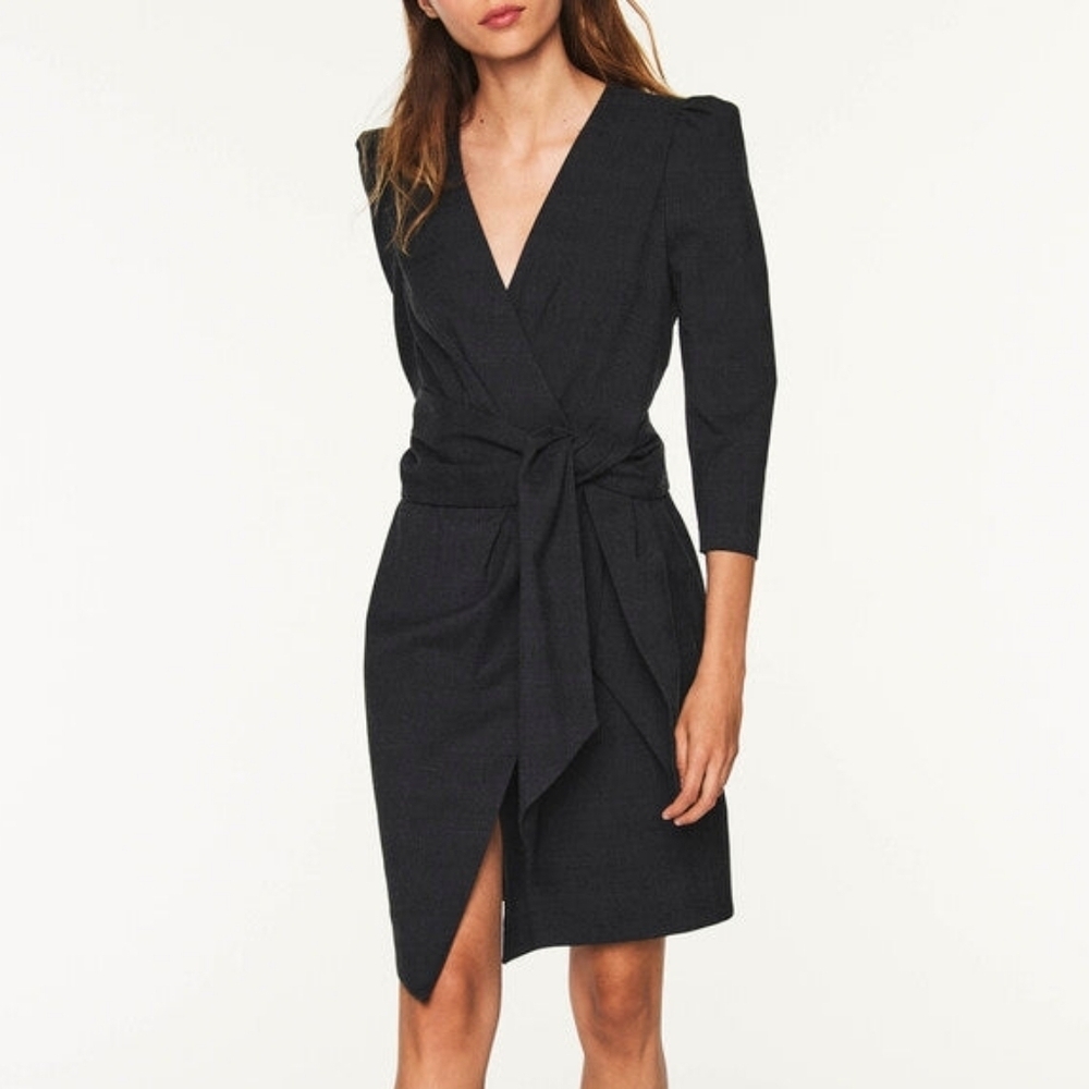 ba&sh Biel Gray Puff Sleeve Sash Tie Asymmetrical Sheath Dress | Size 4–6